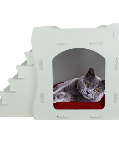 Beyaz Ahşap Büyük Kedi Yatağı - Kedi Evi Merdiven Model